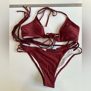 Cupshe Strappy Halter Bikini & Bottom‎ Swimwear M Burgundy Beachy Resort